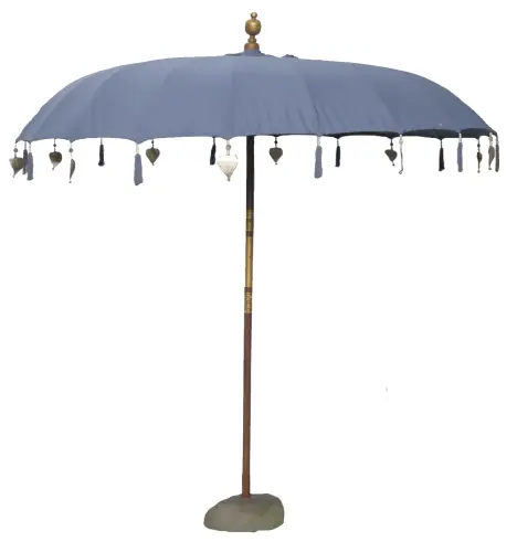 Product image of the product “Bali umbrella , dark grey 1 with wooden coins and gold leaves hanging around the edge. Approx. 230cm dia. and 250cm height ”